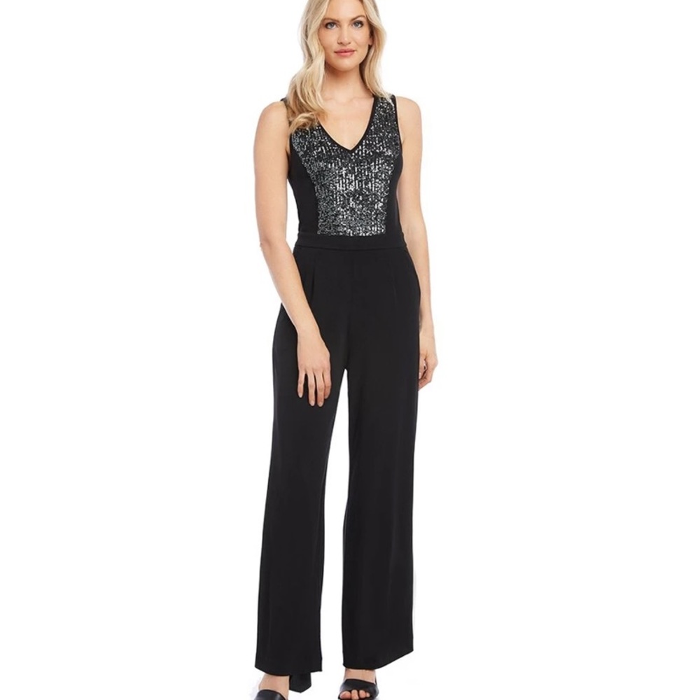 Karen Kane Black Sequin V-Neck Wide-Leg Jumpsuit